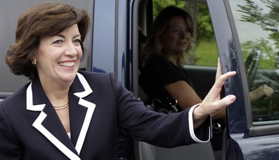 
              FILE - In this May 24, 2011, file photo, then-Democratic candidate for the 26th District Congressional seat, Kathy Hochul arrives at a campaign stop at a restaurant in Amherst, N.Y. New